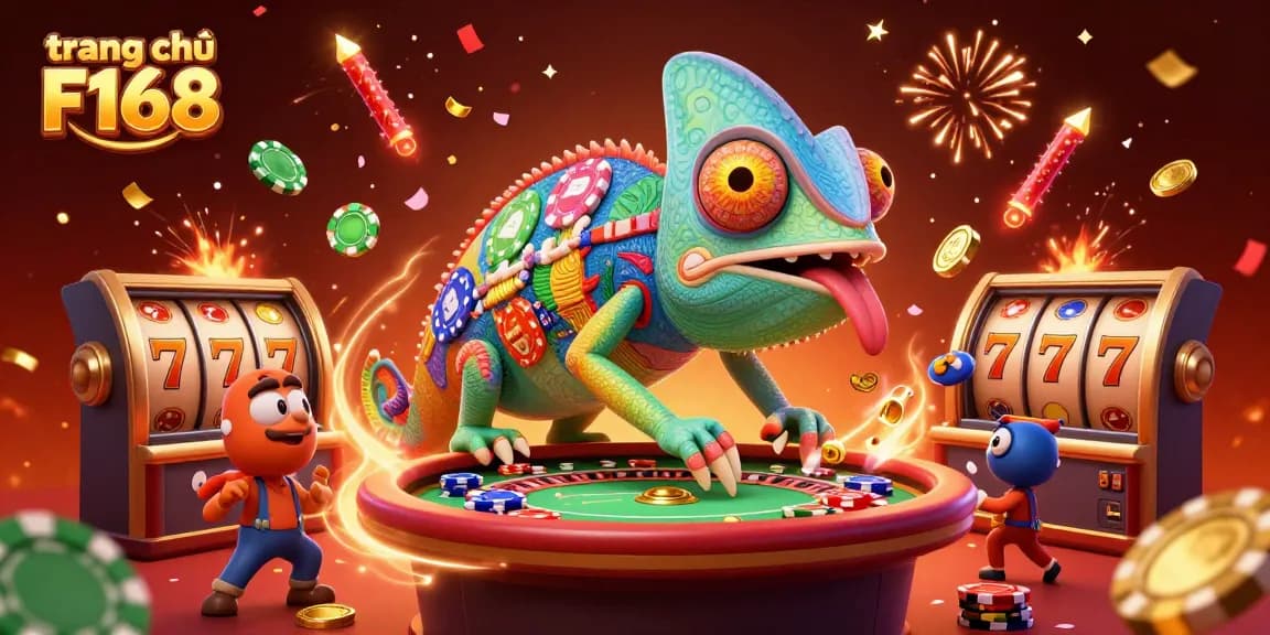 Experience thrilling play on trang chủ F168 with a vibrant chameleon casino owner surrounded by spinning slot reels and festive elements.