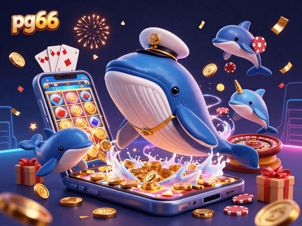 Experience thrilling gameplay at pg66 with a lively 3D scene featuring a whale, poker chips, and lively colors.
