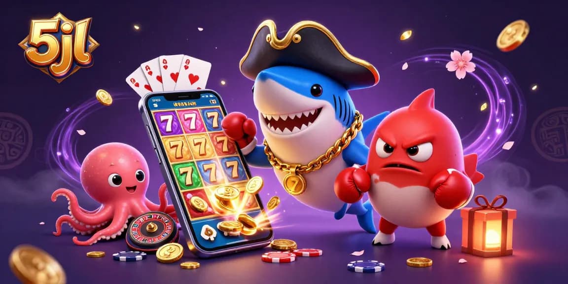 5jl themed promotional illustration with a pirate shark, pufferfish, and octopus in a vibrant casino setting.