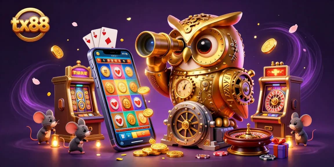 Experience thrilling wins with tx88's animated casino scene filled with a clockwork owl and slot games.