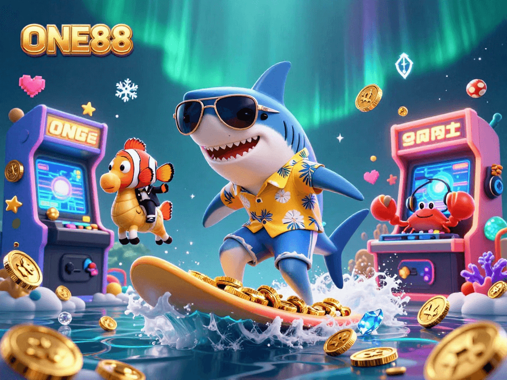 ONE88's vibrant illustration showcases a shark surfing on gold coins amidst a lively casino theme.