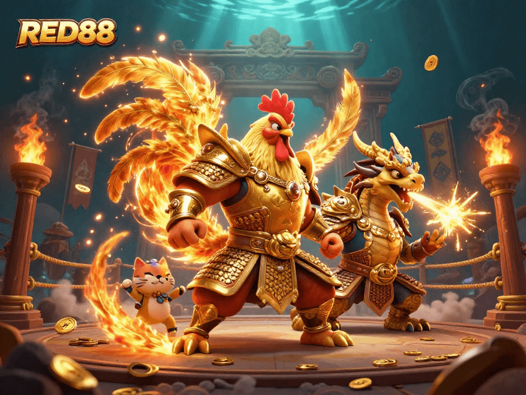 Immerse in the epic world of RED88 where a fighting rooster warrior, dragon hatchling, and fortune cat come together to celebrate thrilling casino games.