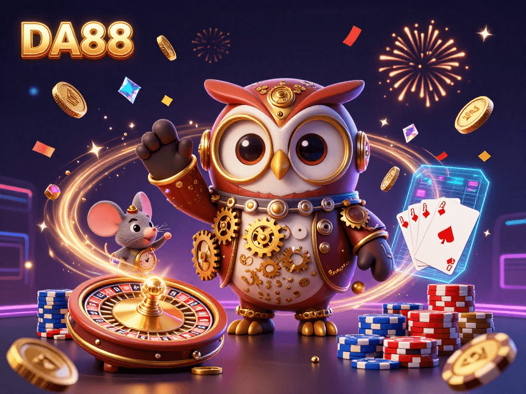 Join the excitement at DA88 with a 3D time-traveler owl and casino elements amidst dazzling coins and gems.