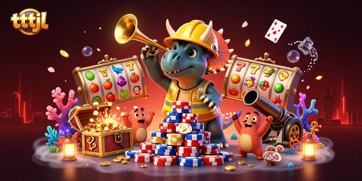 Engage with tttjl's animated casino adventure featuring cheerful characters and vibrant slot visuals.