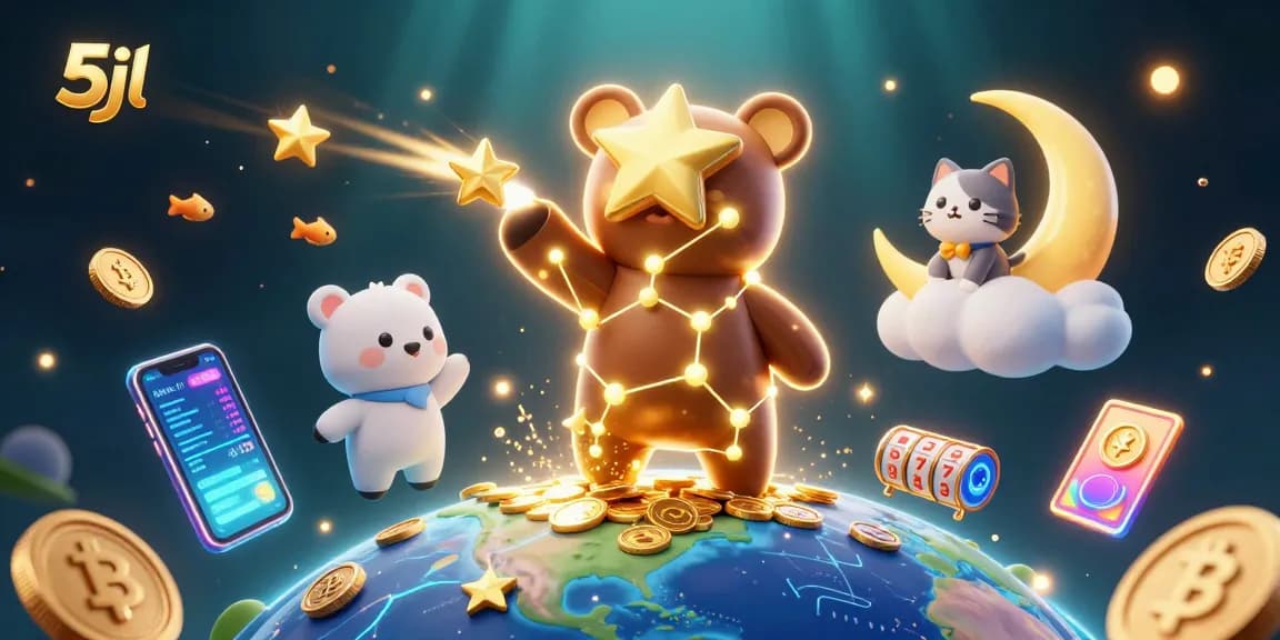 Engage with vibrant 5jl casino scene showcasing a constellation bear and slot games.