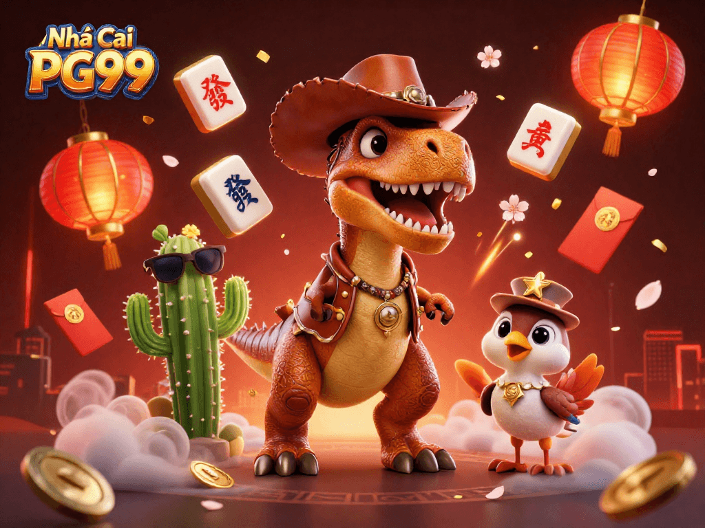 Engage with Nhà Cái PG99 in a vibrant online casino atmosphere featuring unique characters and elements.