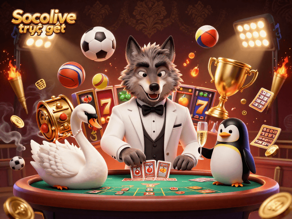 Experience Socolive trực tiếp with an exciting 3D casino scene showcasing a wolf, swan, and penguin in action.