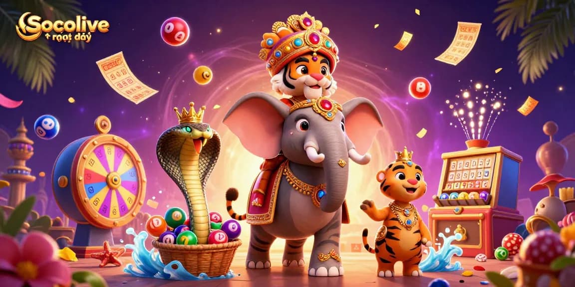 Socolive trực tiếp showcases an energetic illustration of a maharaja tiger and bingo elements in a casino-themed setting.