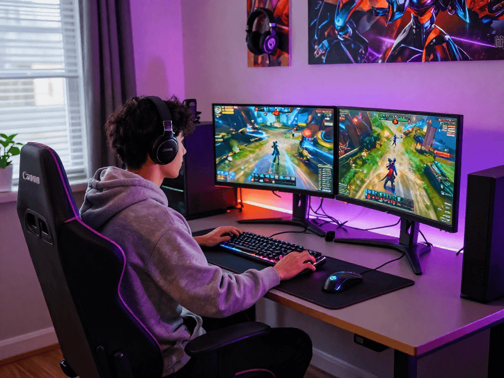 Immersive gaming scene with rokok 88 setup featuring ergonomic chair, RGB keyboard, and gamer focused on triple-monitor display.