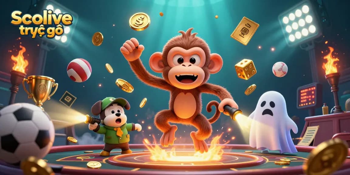 Engage with Socolive trực tiếp as the mischievous poltergeist monkey juggles golden elements in a dynamic casino scene.