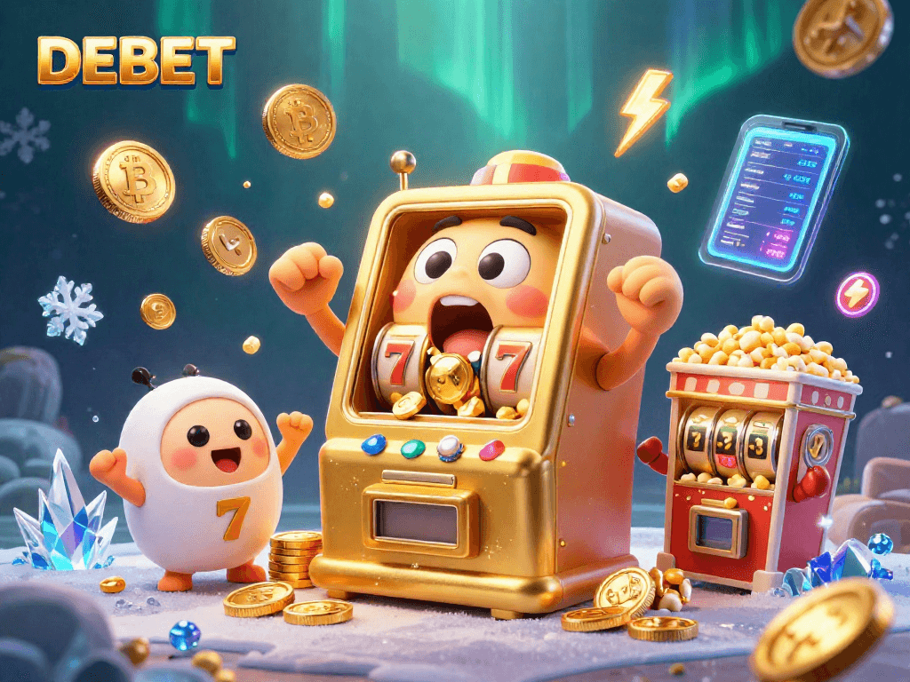 Experience DEBET with a massive jackpot win as golden coins pour from a smiling slot machine, surrounded by excitement and crypto elements.