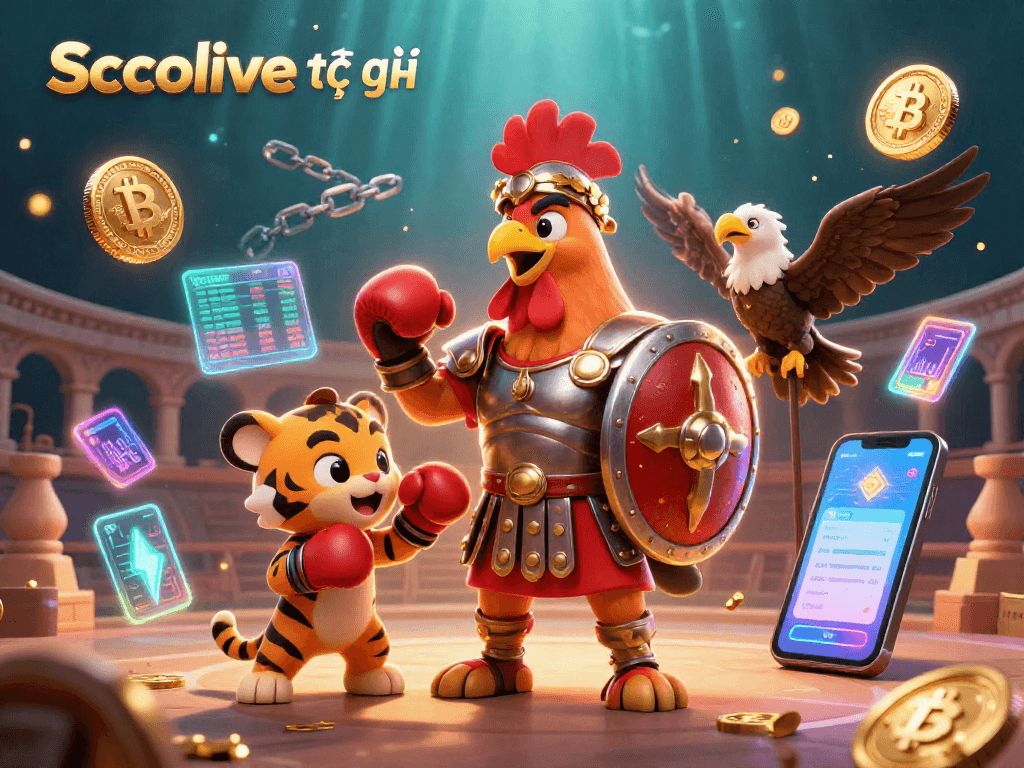 Socolive trực tiếp showcases an action-packed scene with a gladiator rooster, tiger cub, and eagle, surrounded by vibrant crypto elements.
