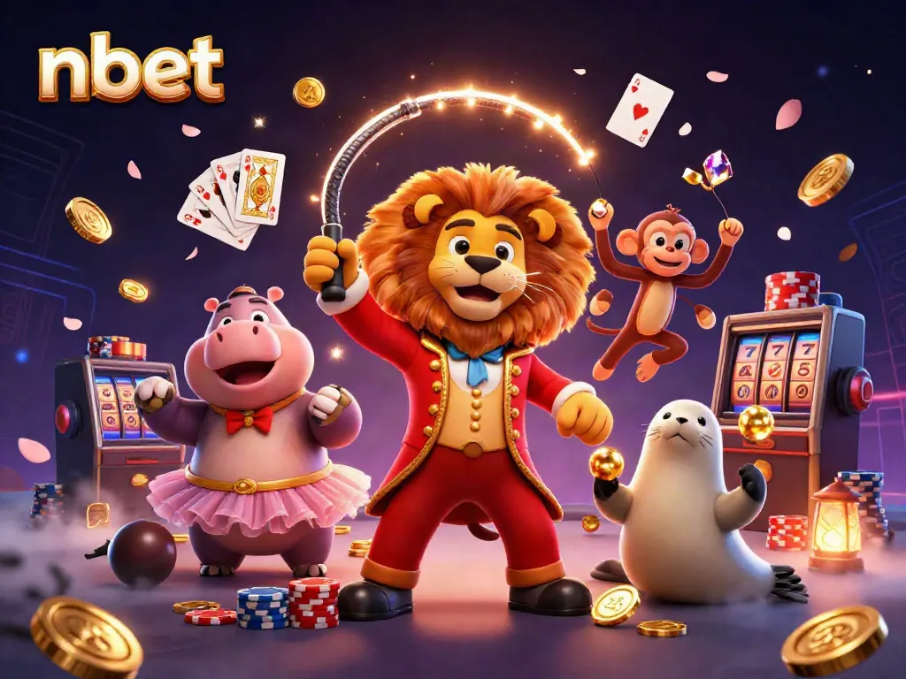 Experience thrilling nbet gaming with a vibrant 3D illustration featuring circus characters and casino elements.