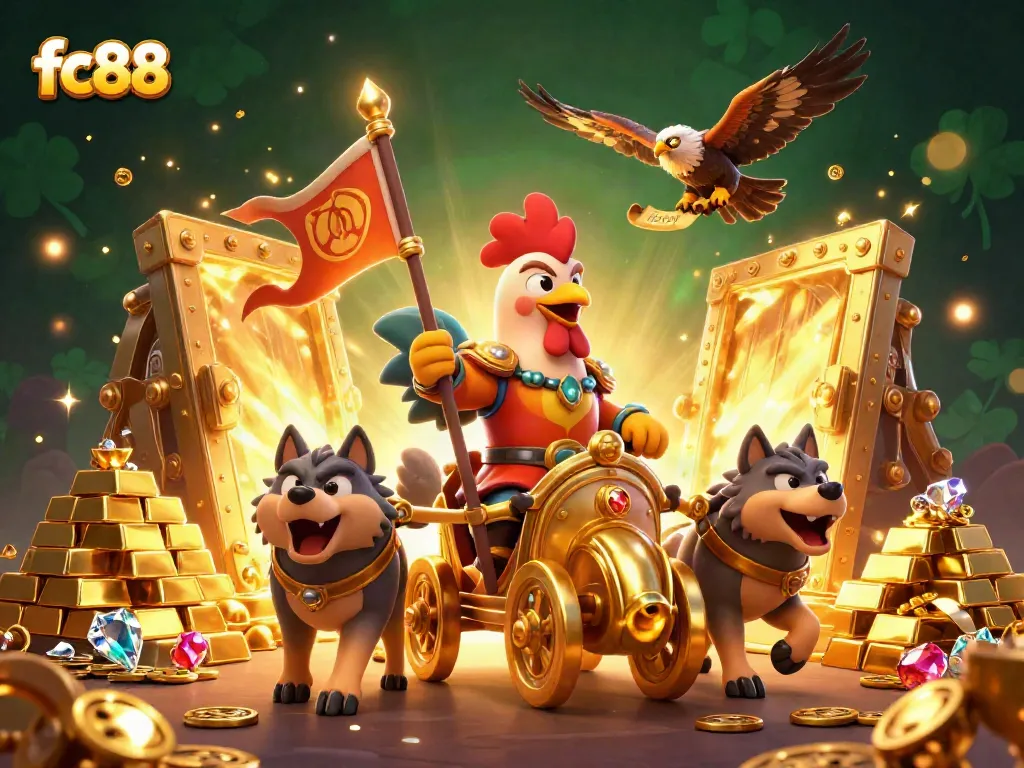 Join the adventure with fc88's golden chariot riders surrounded by treasures and gaming elements.