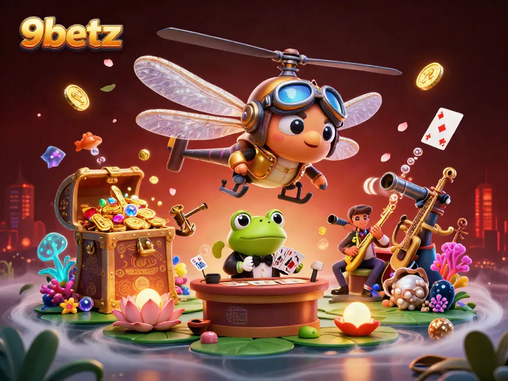 Engage with 9betz in a vibrant casino scene featuring unique characters and dynamic game elements.