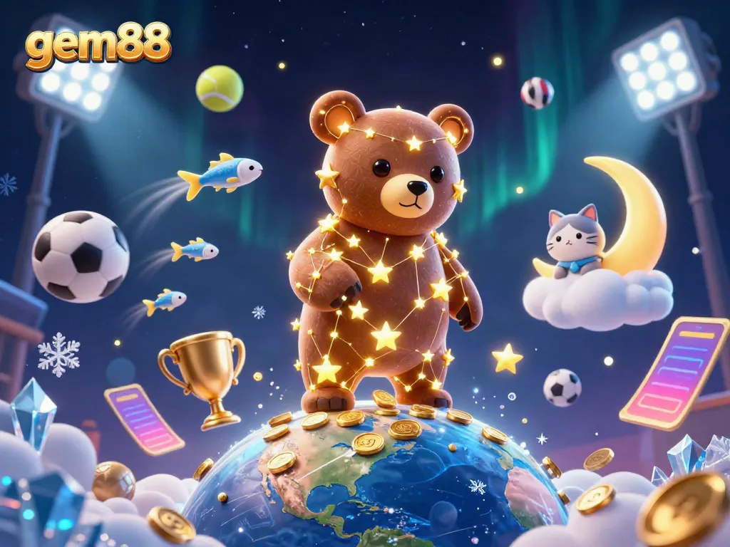Engage with gem88's vibrant 3D illustration showcasing a constellation bear and dynamic betting elements.