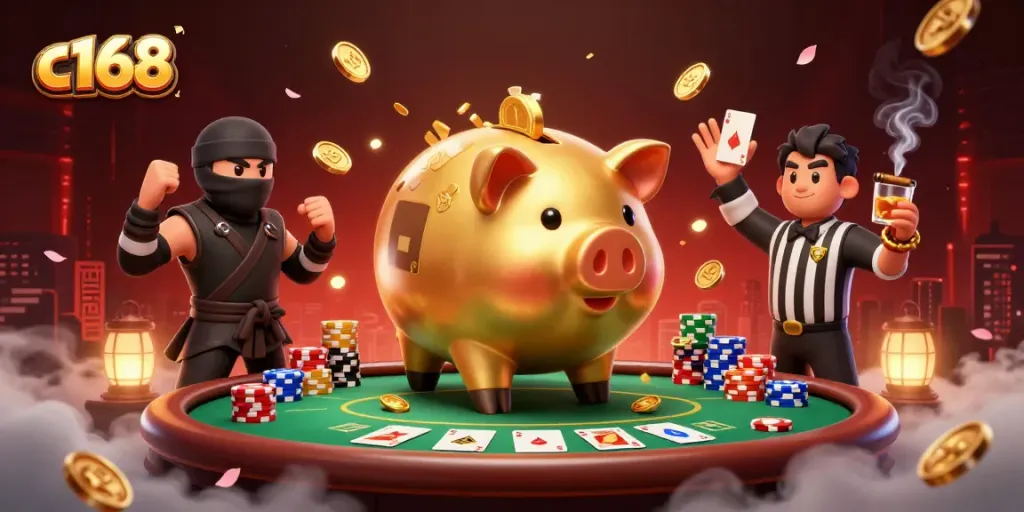 Engage with c168's vibrant casino action featuring colossal characters, poker chips, and immersive game elements.