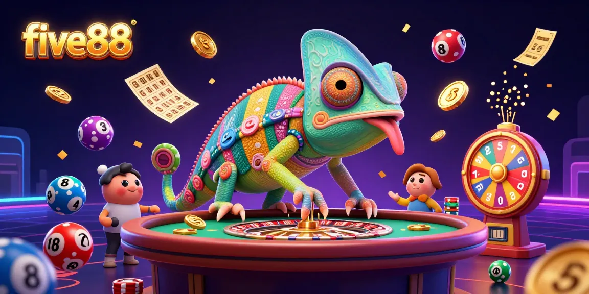 Engage with five88 vibrant casino illustrations featuring lottery elements and a colorful chameleon.
