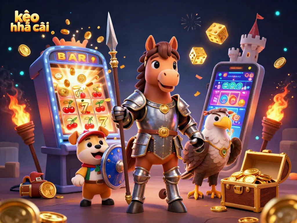 Experience the thrill of kèo nhà cái with a 3D slot machine explosion and medieval characters in action.