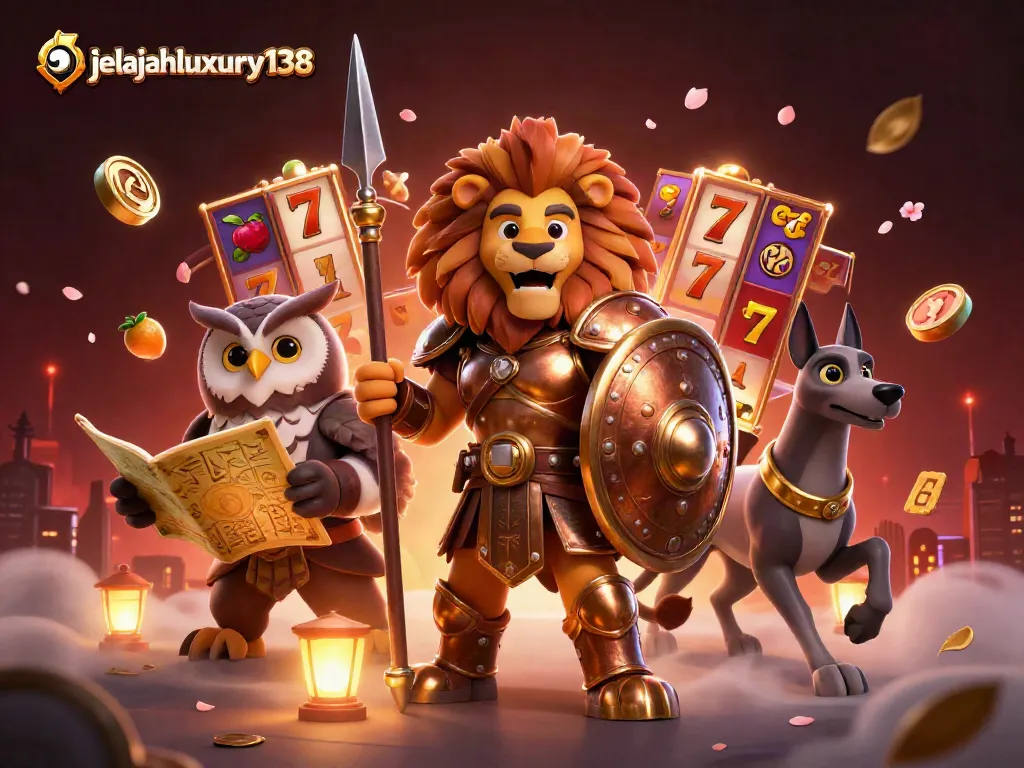 Play exciting slots at jelajahluxury138 with the Spartan lion, owl strategist, and greyhound surrounded by dynamic game elements.