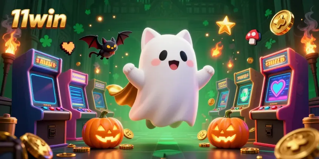 Engage with 11win's captivating gaming experience featuring a ghost cat, a vampire bat, and glowing jack-o-lanterns in a casino scene.