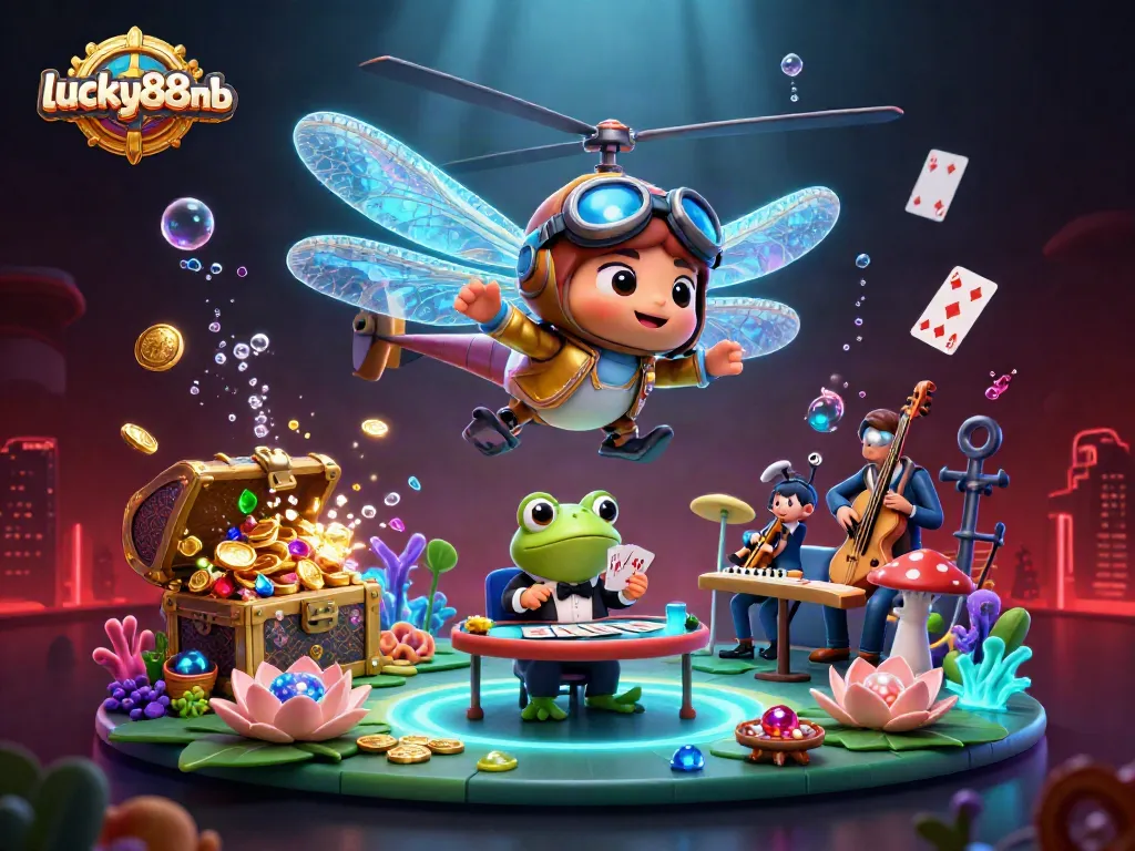 Engage with lucky88mb as a cartoon dragonfly pilot hovers over a lily pad casino while a frog dealer operates below.