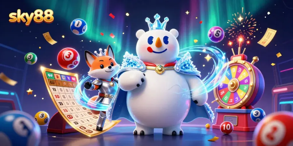 Experience sky88 gaming thrills with vibrant lottery elements and dynamic characters in a festive 3D illustration.