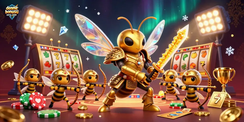 Engage with deneme bonusu veren siteler through an illustrated scene of dynamic casino elements and thrilling gameplay.