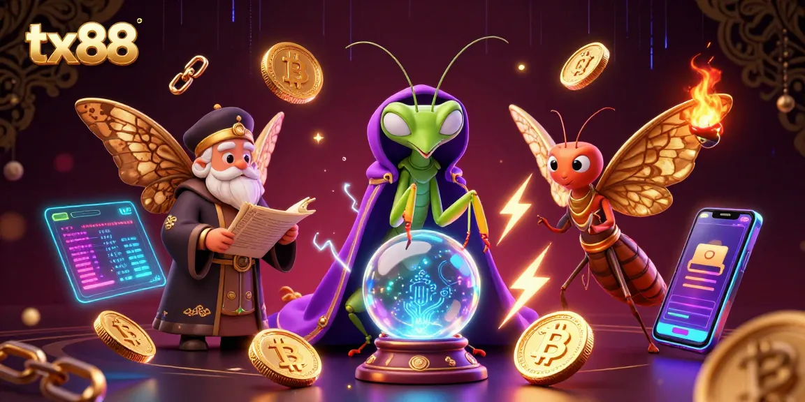 Engage with the mystical world of tx88 featuring a fortune teller and cryptocurrency elements.
