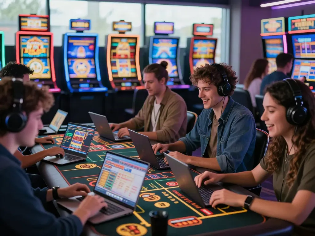 Diverse players enjoying online betting at https://ku88v1.com/ in a vibrant digital casino setting.
