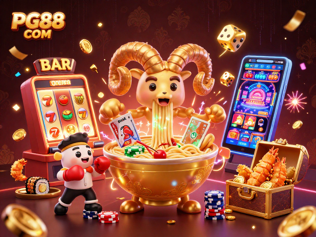 Play slots and win with PG88 COM featuring a dynamic casino scene full of vibrant characters.