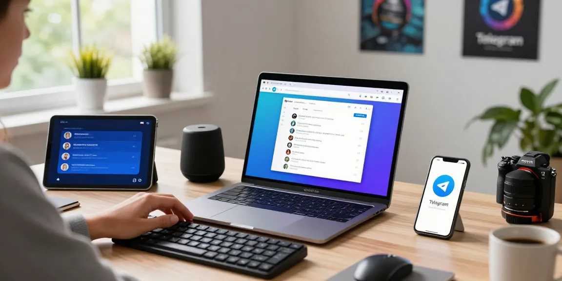Using the Telegram web version on a sleek laptop in a modern workspace