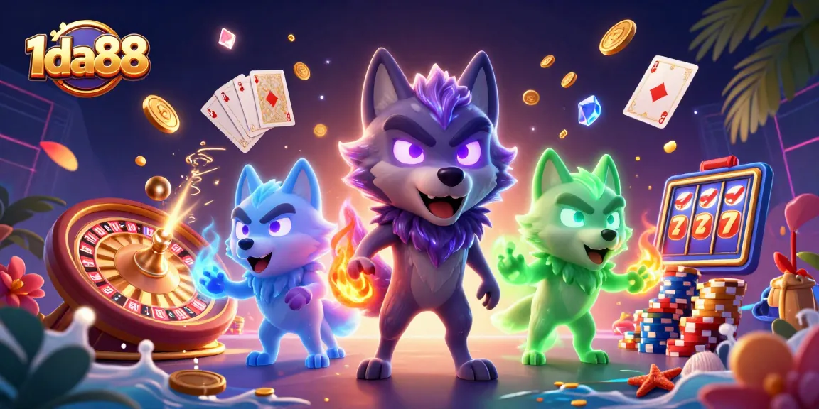 Engage with 1da88 in this vibrant 3D casino scene featuring dynamic games, glowing characters, and excitement.