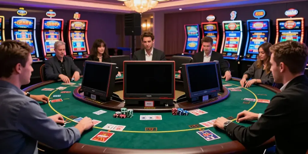 Exciting gaming action at UK88's virtual casino, highlighting engaging players and elegant surroundings.