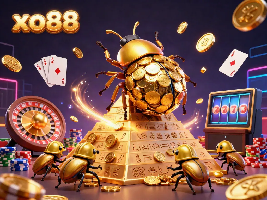 Experience thrilling gameplay with xo88's dynamic casino scene featuring golden coins, roulette, and jackpot excitement.