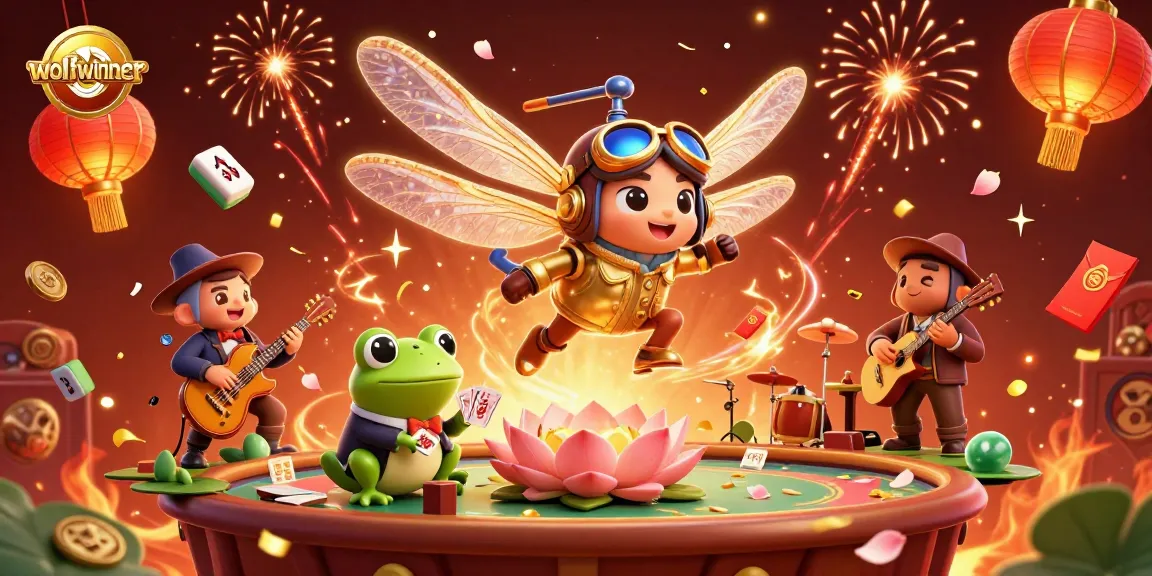 Experience the magic of wolfwinner with a lively casino scene featuring a helicopter pilot dragonfly and jazz-playing cricket musicians.