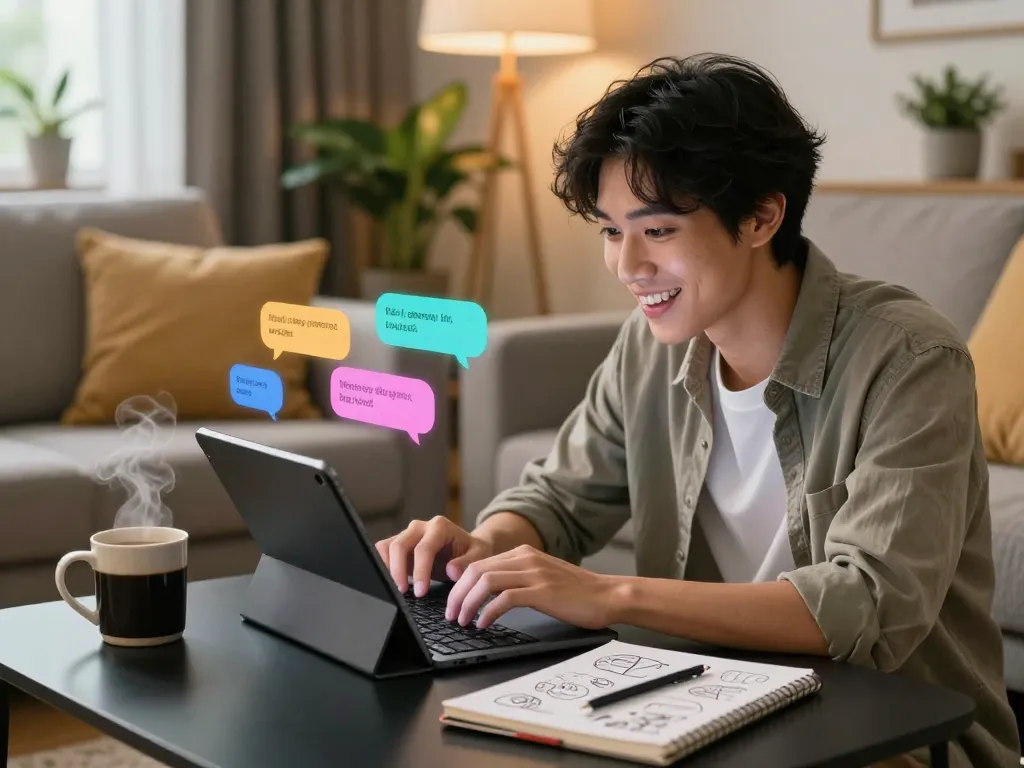 Engaging with spicy AI chatbot in a cozy living room, showcasing interaction and friendly atmosphere