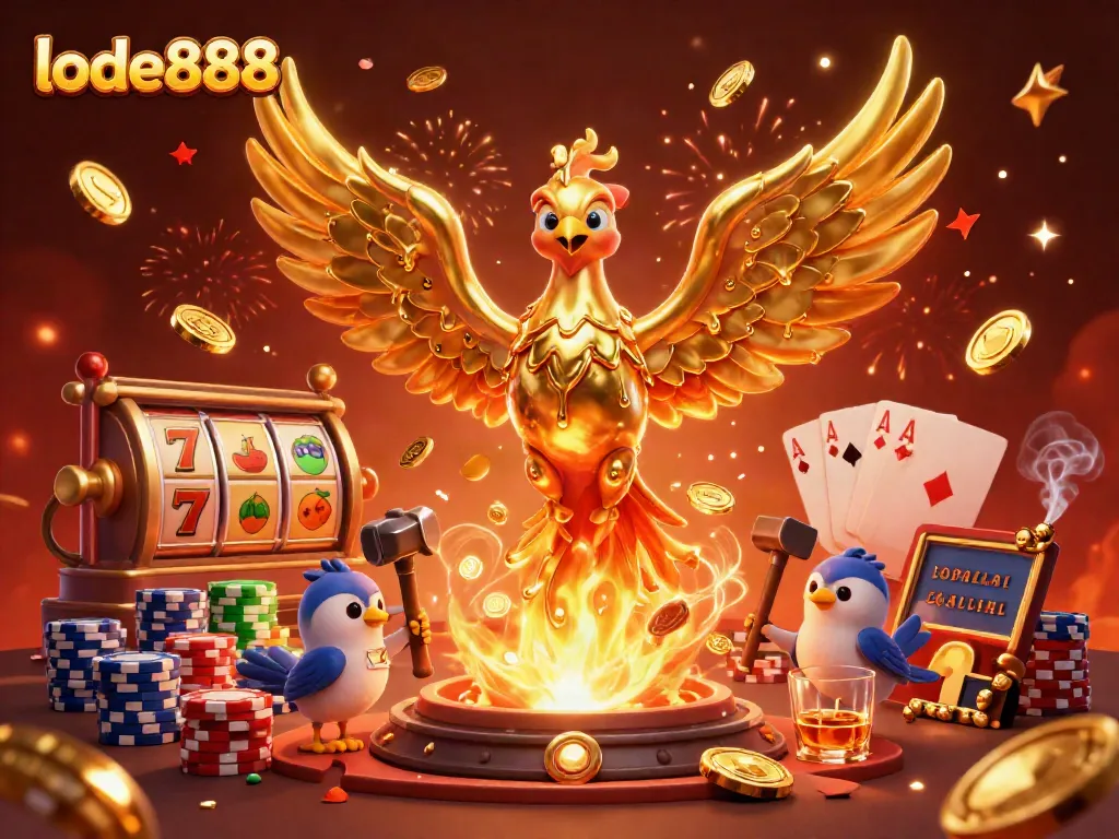Experience thrilling wins with lode888's exciting 3D casino scene showcasing a golden phoenix and dynamic slot machines.
