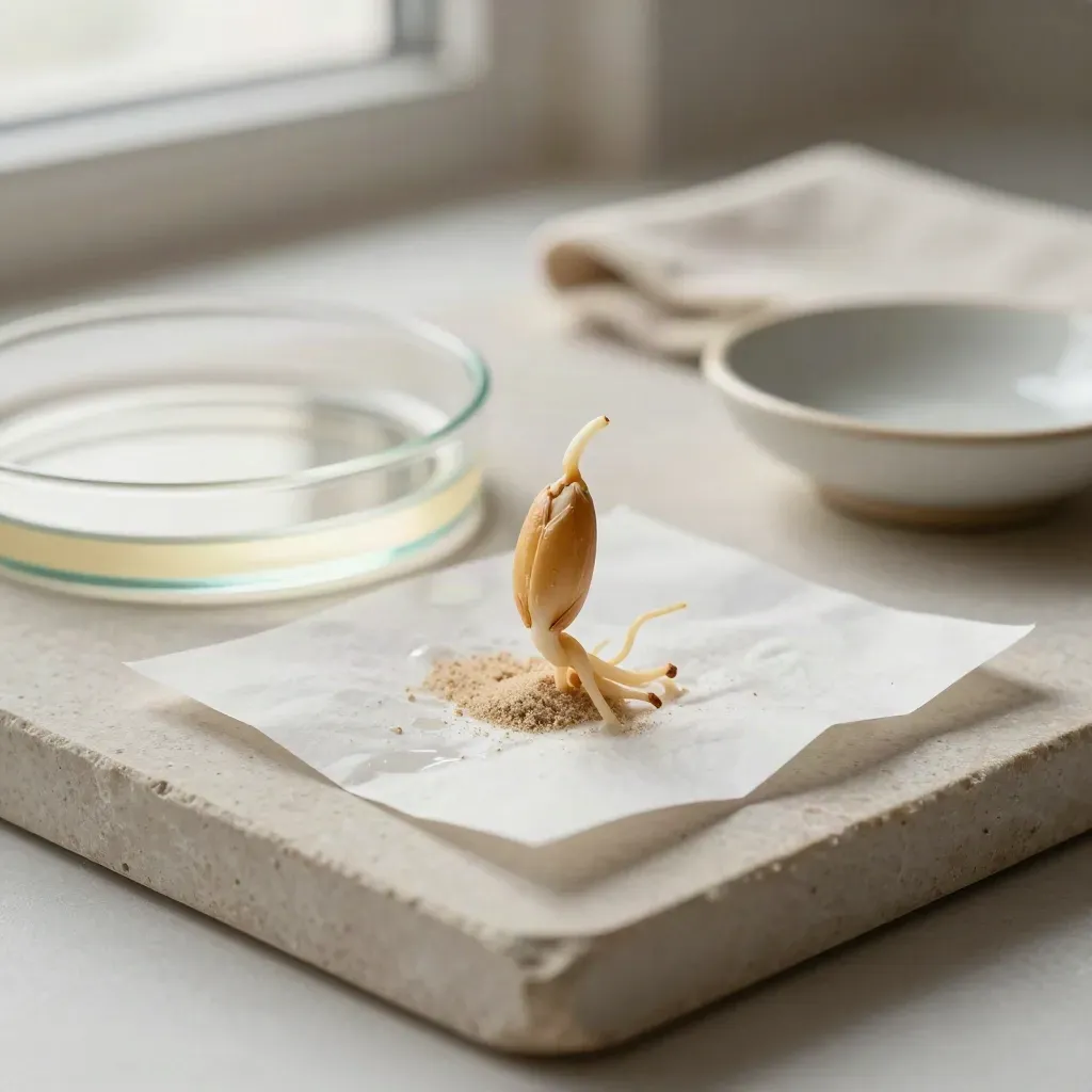 Çimlenmiş buğday tanesi, petri kabı ve keten bezle minimal ürün fotoğrafı