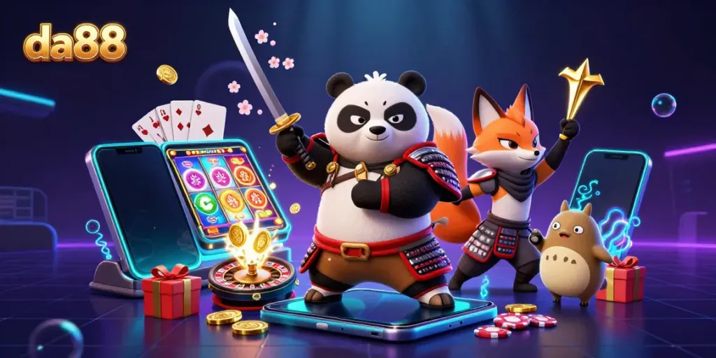 Experience vibrant action with the da88 samurai panda and friends amidst exciting gambling elements.