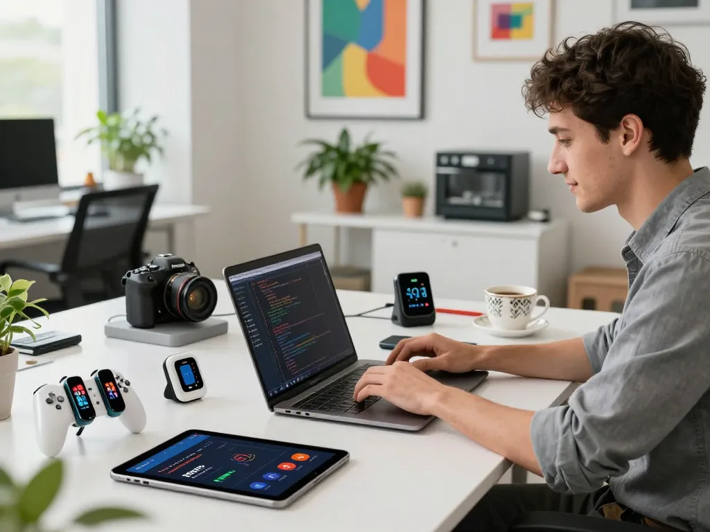 Innovative workspace showcasing smart tech gadgets, including Bluetooth controllers and fitness trackers, enhancing productivity.