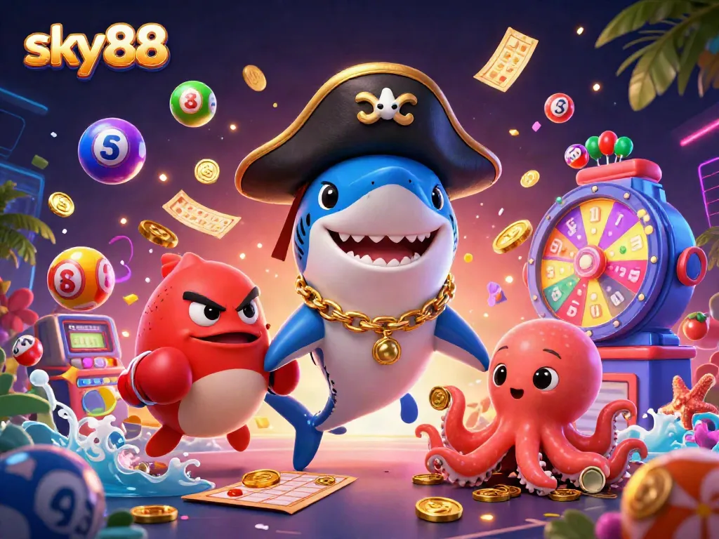 Engage with sky88’s vibrant casino scene featuring a pirate shark, pufferfish, and octopus amid dynamic lottery elements.