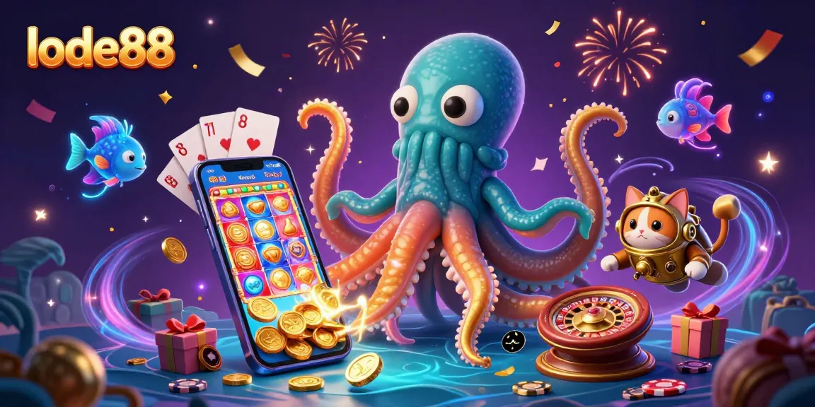 Experience thrilling wins with lode88 in a vibrant casino adventure featuring a kraken, diving cat, and gaming elements.