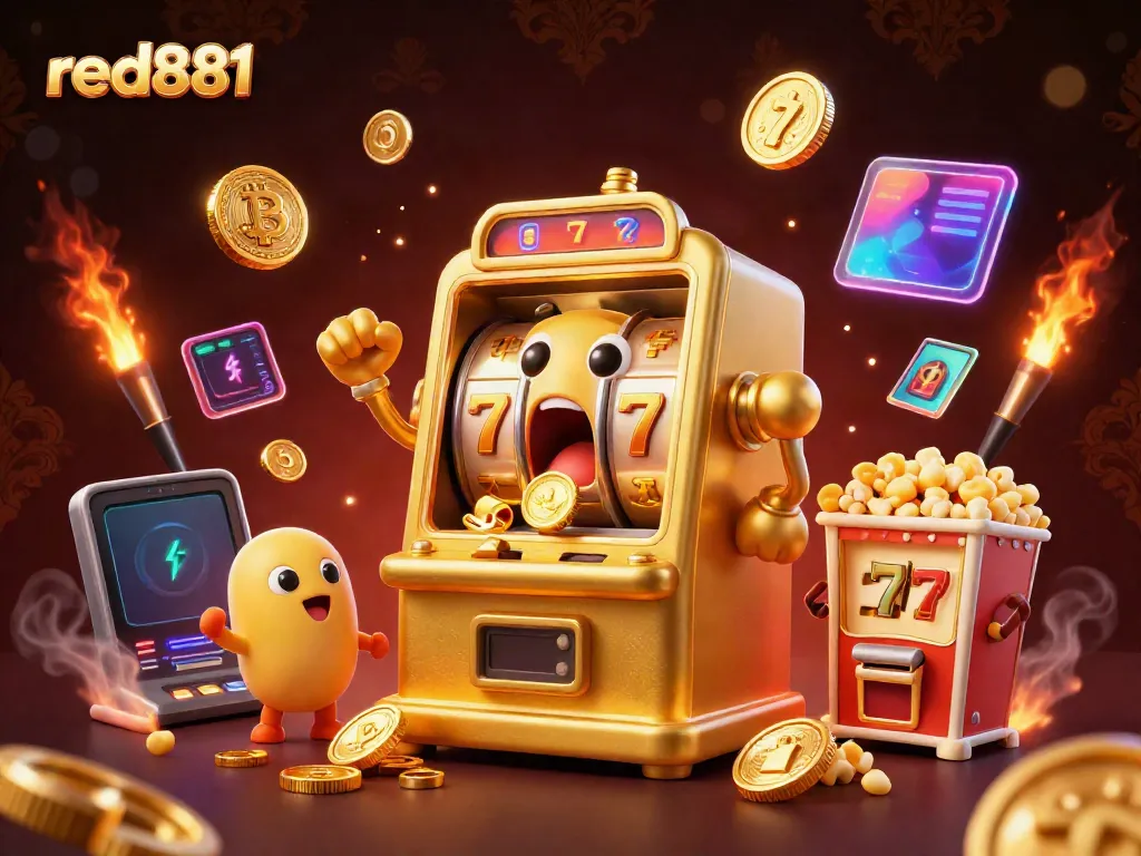 Experience the excitement of red881 with a dazzling golden slot machine hitting a jackpot amidst vibrant casino elements.