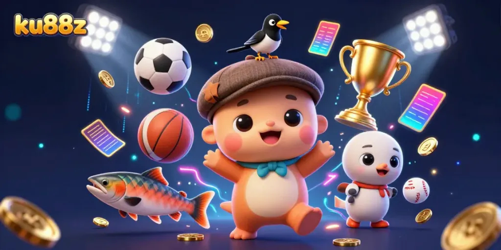 Play and win at ku88z with a colorful cartoon scene featuring baby Nessie and gold-obsessed magpie.