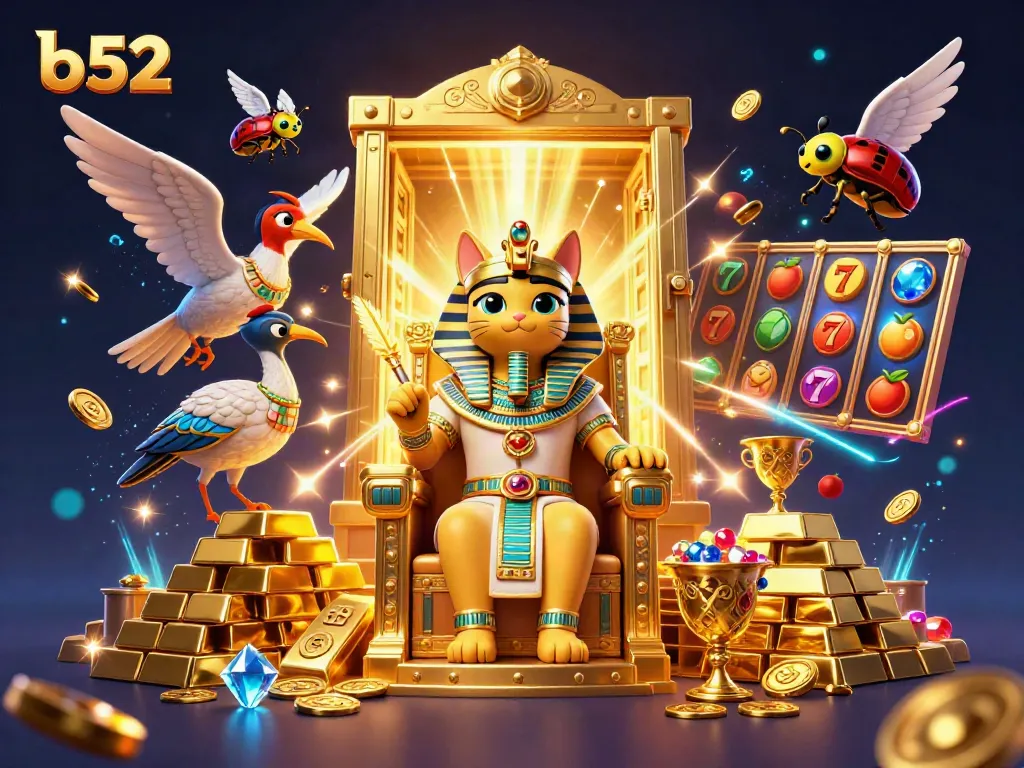Experience the thrill of b52 gaming with an enchanting 3D scene featuring royal characters amidst swirling jackpots and treasures.
