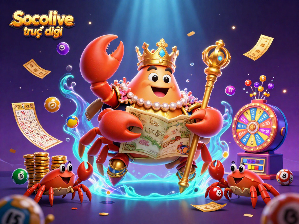 Socolive trực tiếp embodies vibrant gaming energy with a golden crab emperor amid colorful lottery elements.