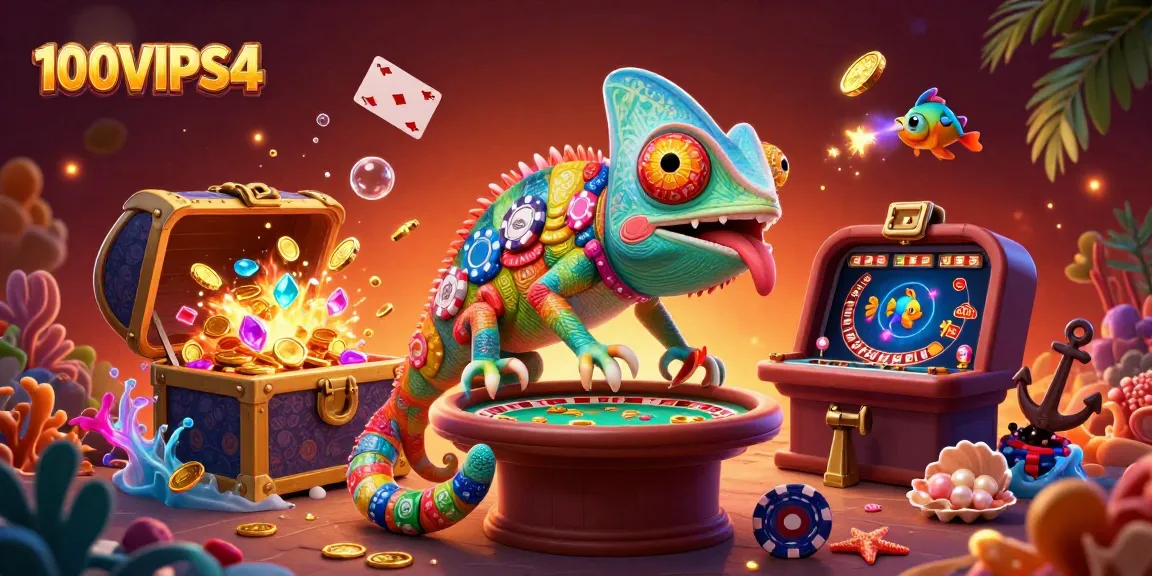 Win big at 100VIPS4 with a vibrant 3D chameleon casino owner and dynamic game elements.