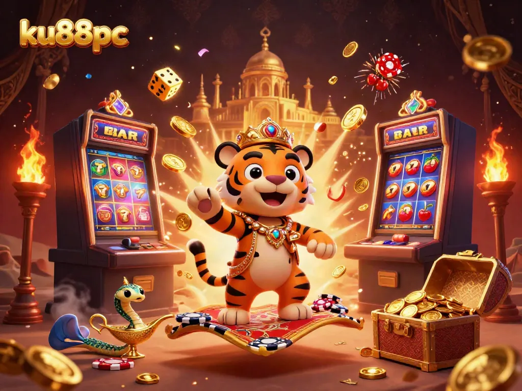 Experience the thrilling world of ku88pc with our vibrant 3D casino illustration showcasing a majestic tiger sultan amidst a jackpot explosion.