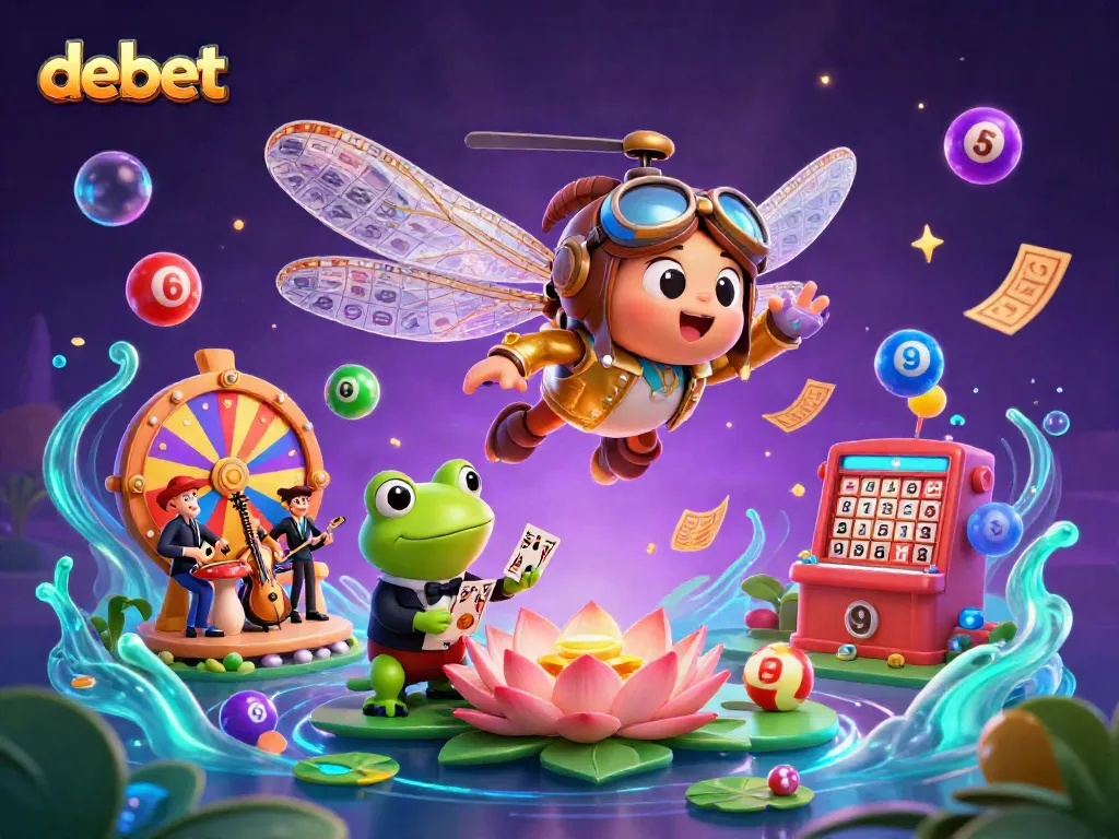 Experience thrilling casino action with debet as a dragonfly pilot hovers over a lily pad casino.